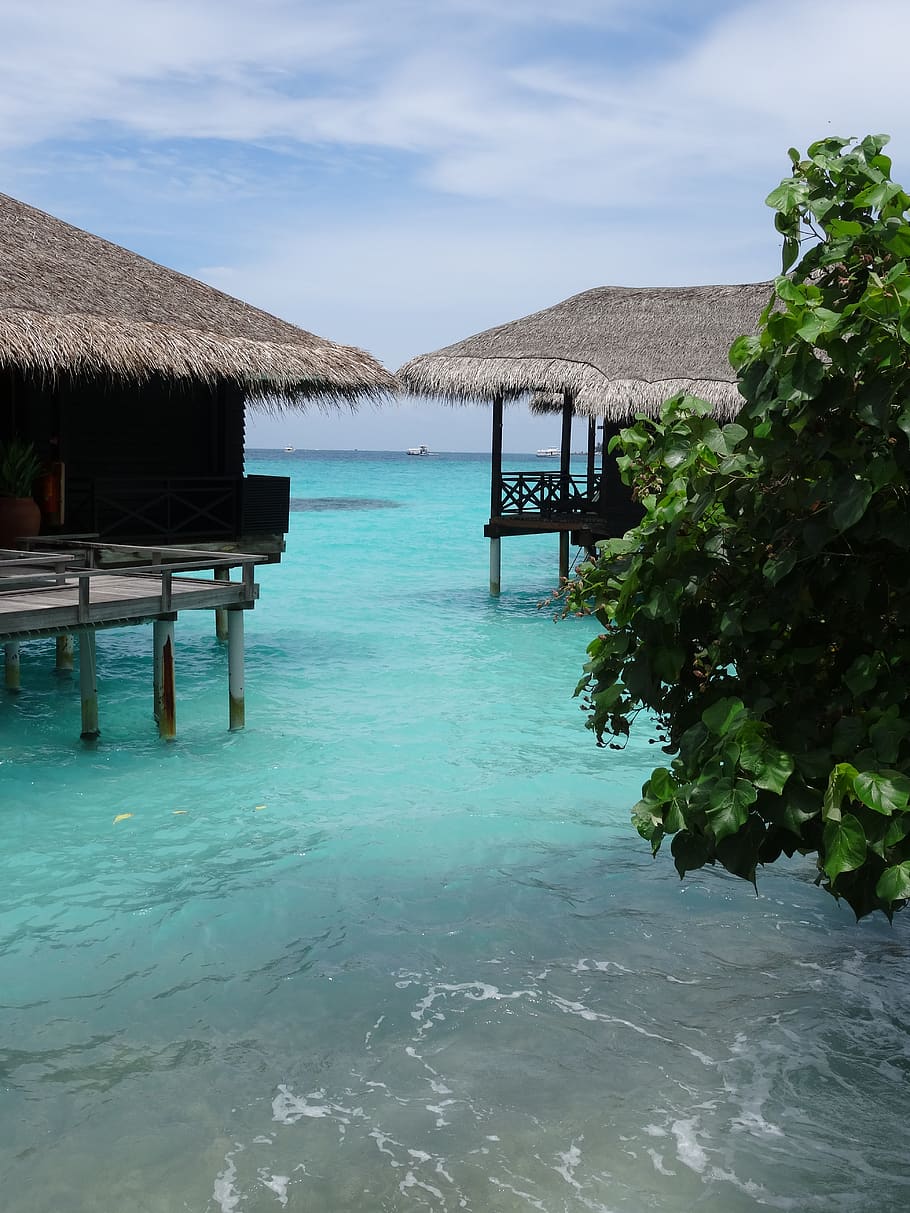 maldives, ocean, ile, thatched roof, water, sky, sea, beauty in nature HD wallpaper