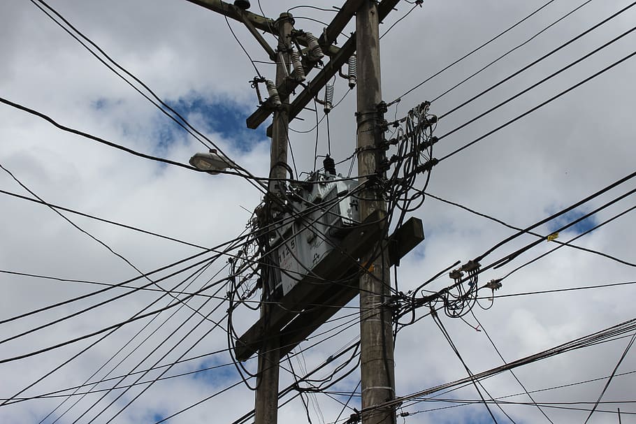 post, clouds, sky, electricity, cable, power supply, complexity HD wallpaper