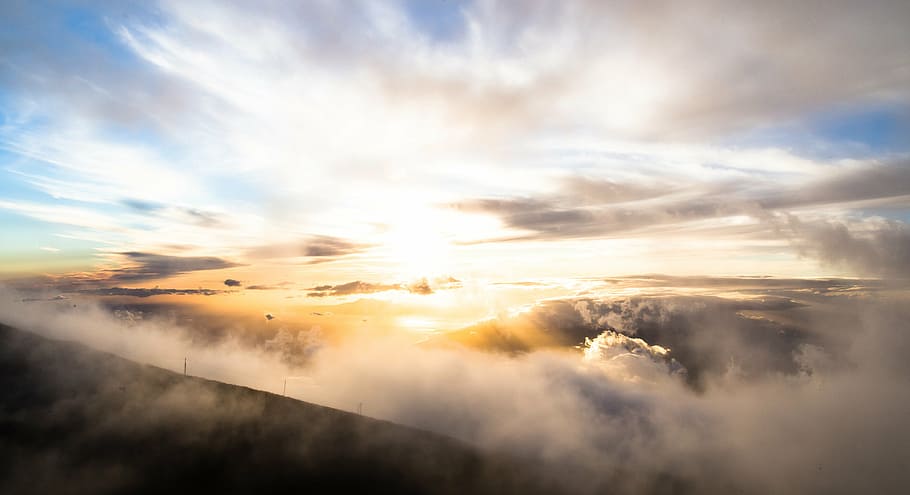 gloomy sky during golden hour, aerial, view, mountain, range HD wallpaper