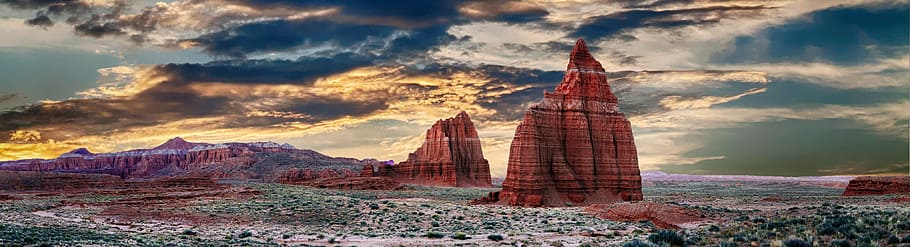 brown rock formation during golden hour, rocks, landscape, sky HD wallpaper