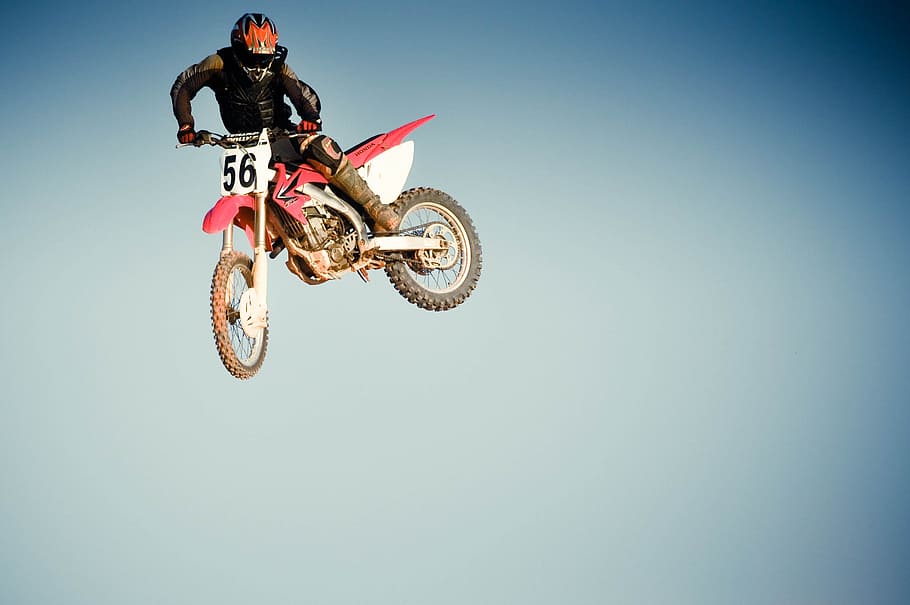 man riding in red dirt bike, moto, fly, motocross, sport, jump