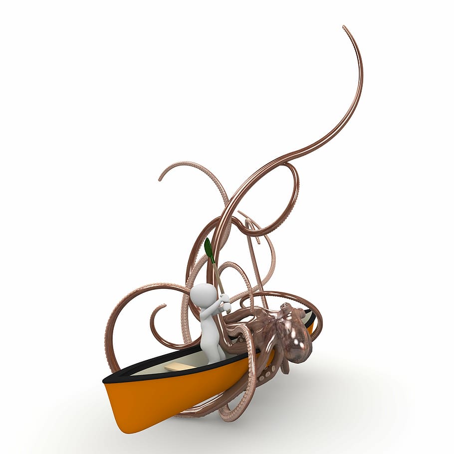 man in orange boat attacked by giant octopus illustration, boot HD wallpaper