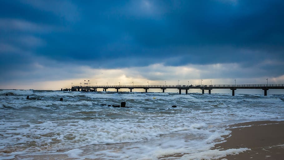 sea bridge, bansin, clouds, usedom, baltic sea, sky, seaside resort, HD wallpaper