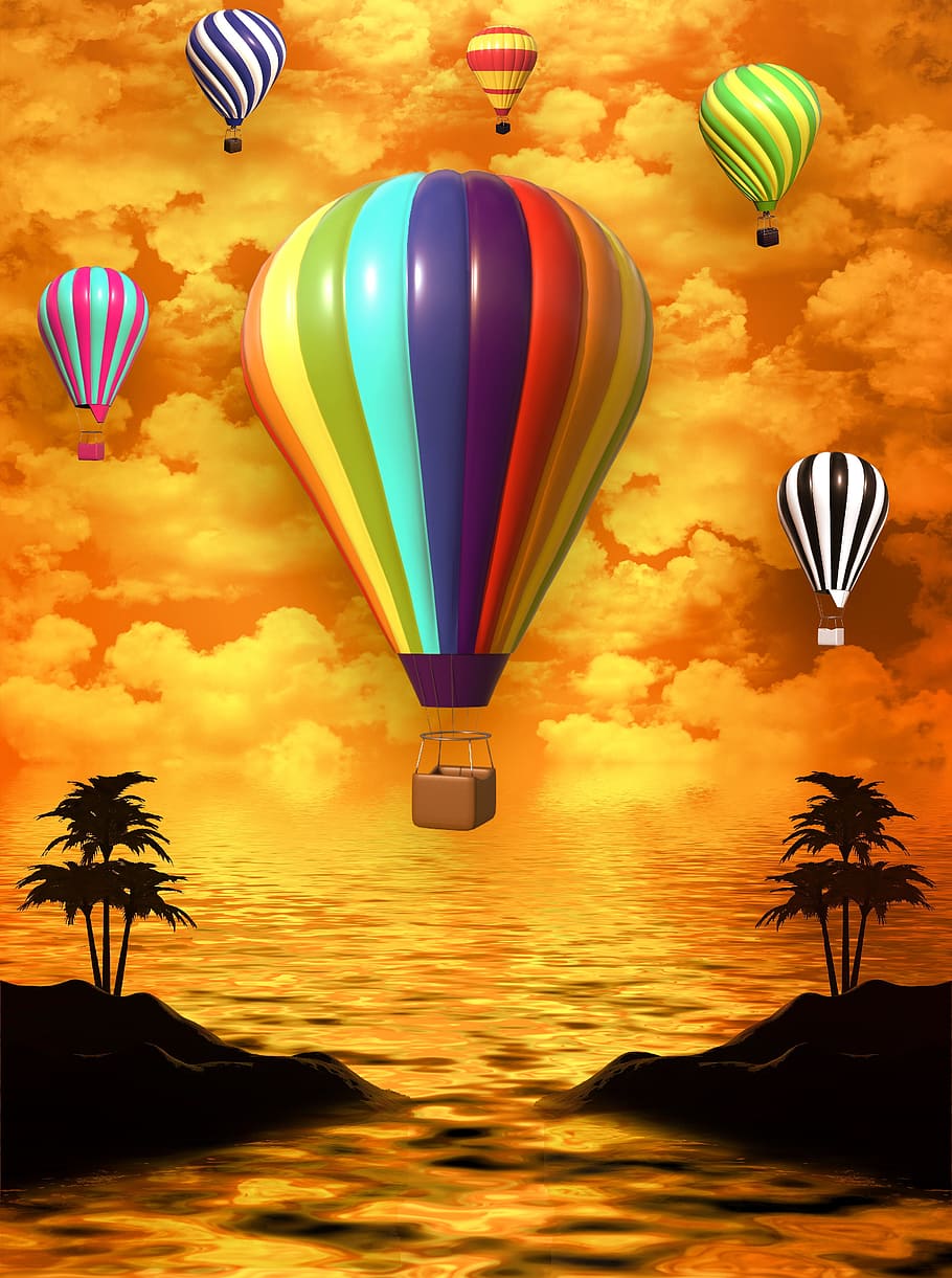 balloon, island, clouds, background, sky, summer, landscape HD wallpaper