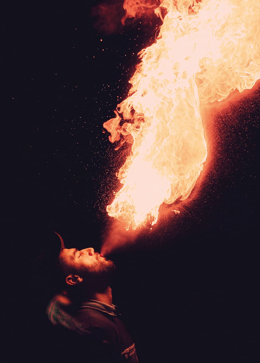 man blowing fire, Everything, golden, firebreather, flame, dark HD wallpaper