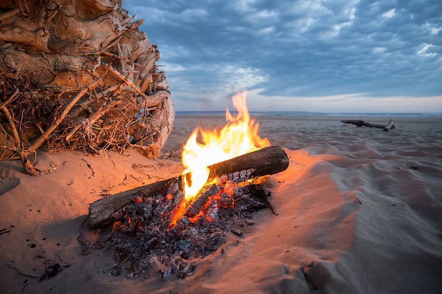 HD wallpaper: bonfire near sea at golden hour, campfire, beach, heat