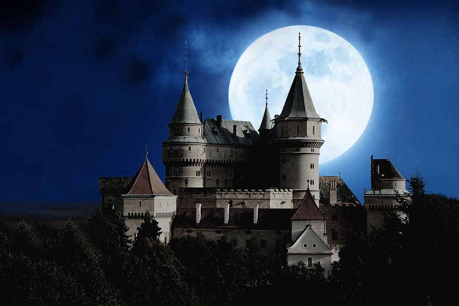 sky, night, clouds, dark, architecture, building, castle, evening HD wallpaper
