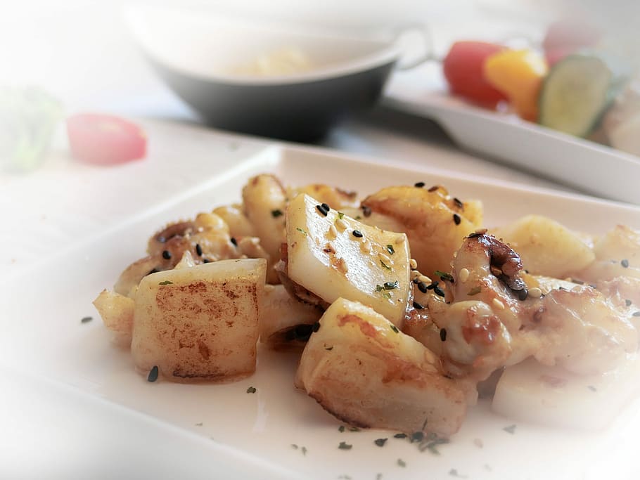 Cuttlefish, Squid, Seafood, catering, roast, disc, plate, gourmet HD wallpaper