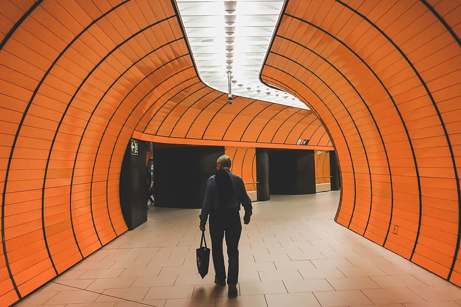 Moments, man walking in tunnel with lights, subway, underground HD wallpaper