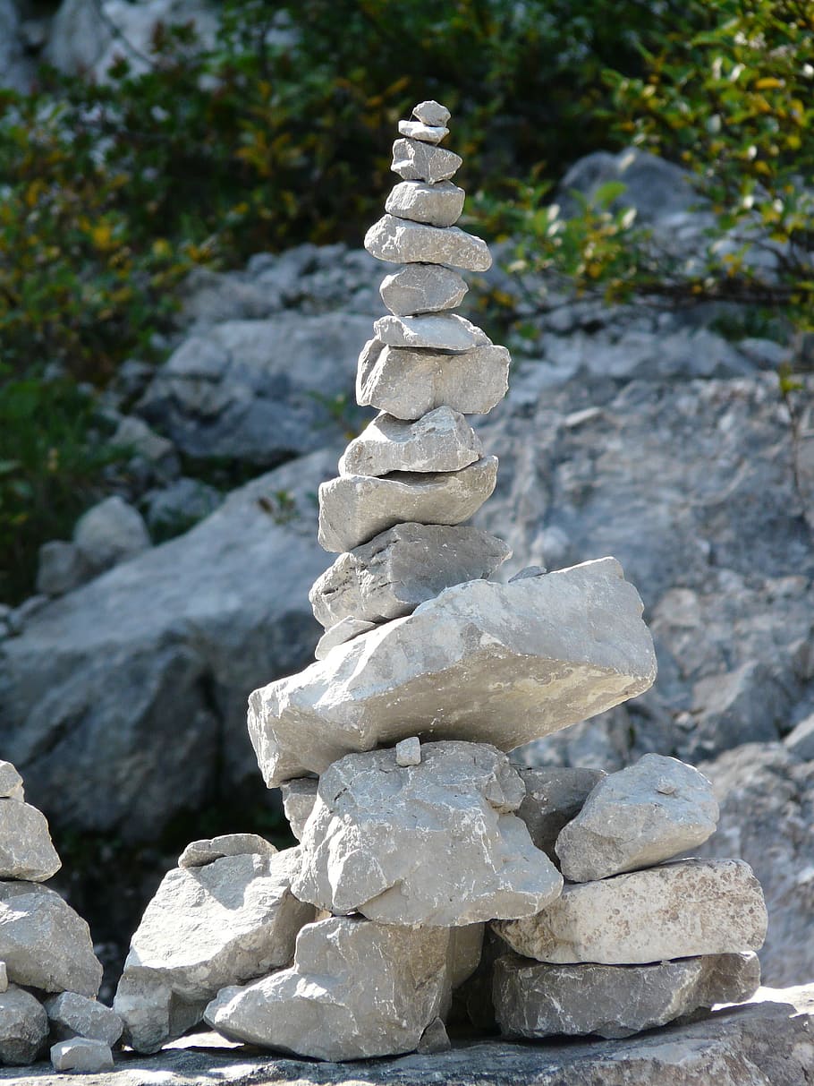 stack of grey rocks, steinmann, cairn, stones, turret, cairns