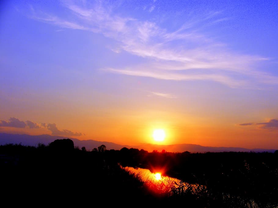 Sunset, Water, Sky, Cane, red, orange, fire, silhouette, scenics HD wallpaper
