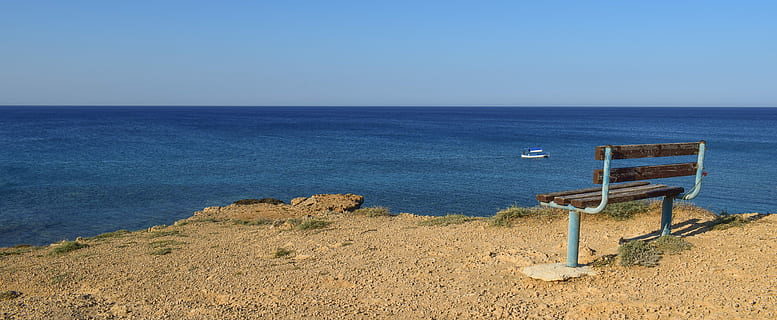 Bench, View Point, Sea, Landscape, horizon, nature, kapparis HD wallpaper
