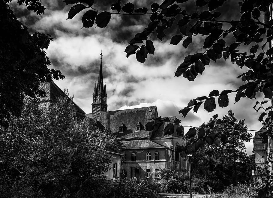 grayscale mansion photo, lost places, chapel, church, steeple