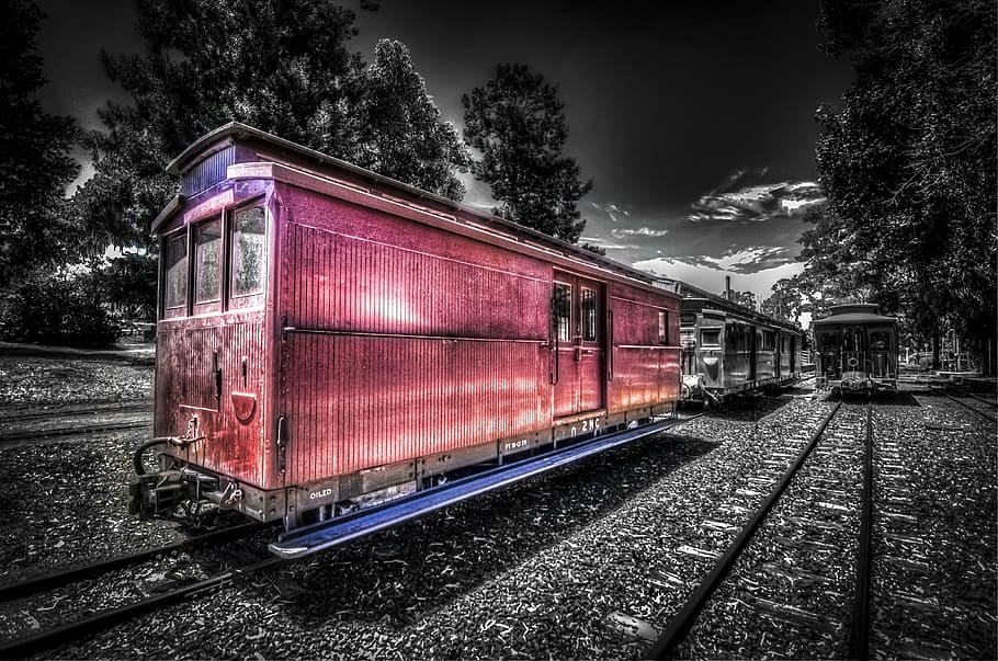 selective color photography of train under cloudy sky, train tracks HD wallpaper