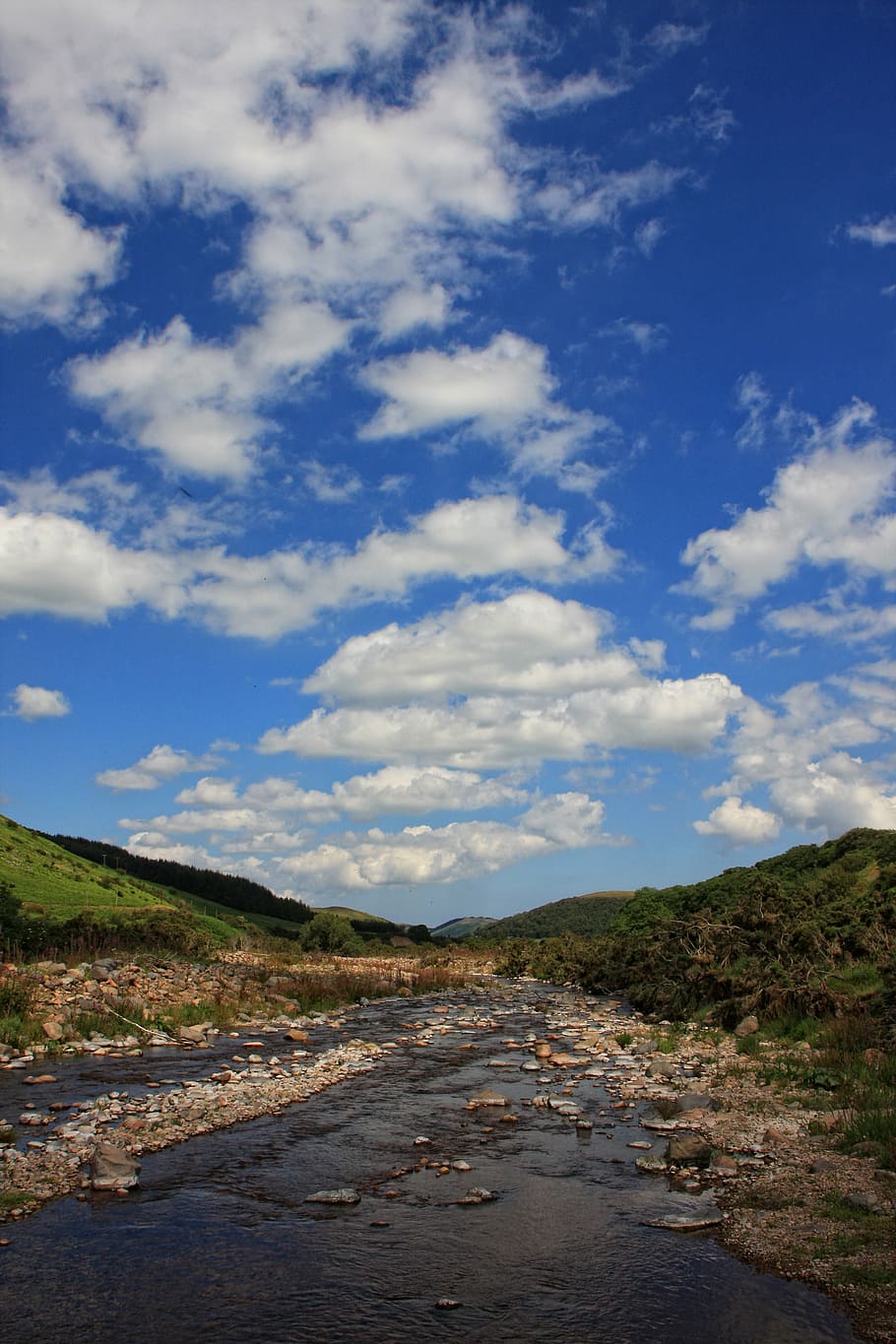 river, valley, sky, blue sky, clouds, landscape, nature, scenic HD wallpaper