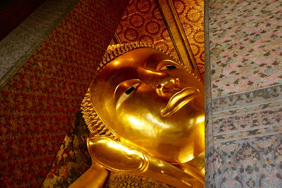 lying, buddha, thailand, face, asia, gold, buddhism, temple, HD wallpaper