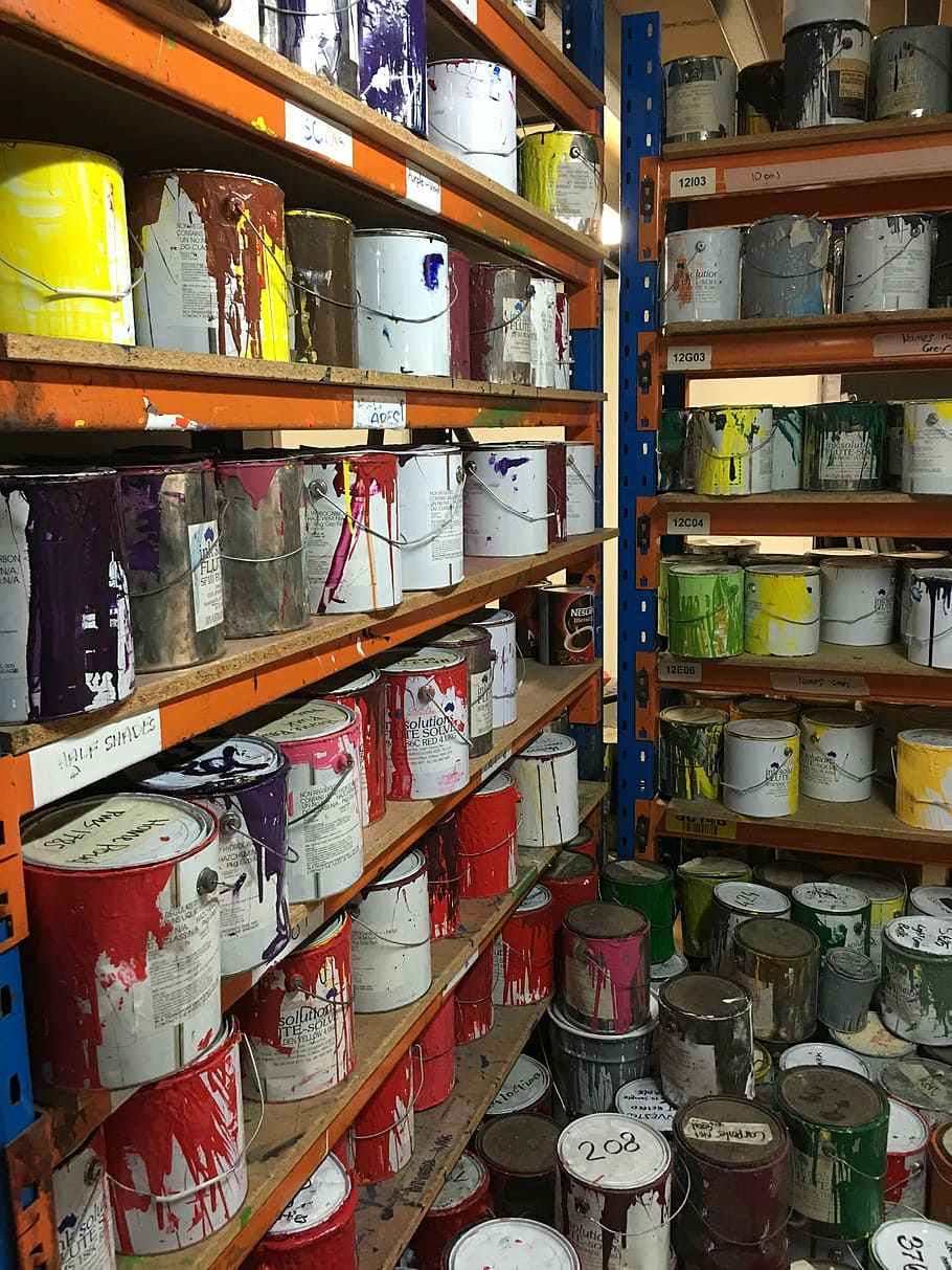 paint, colour, tins, shelf, large group of objects, abundance HD wallpaper