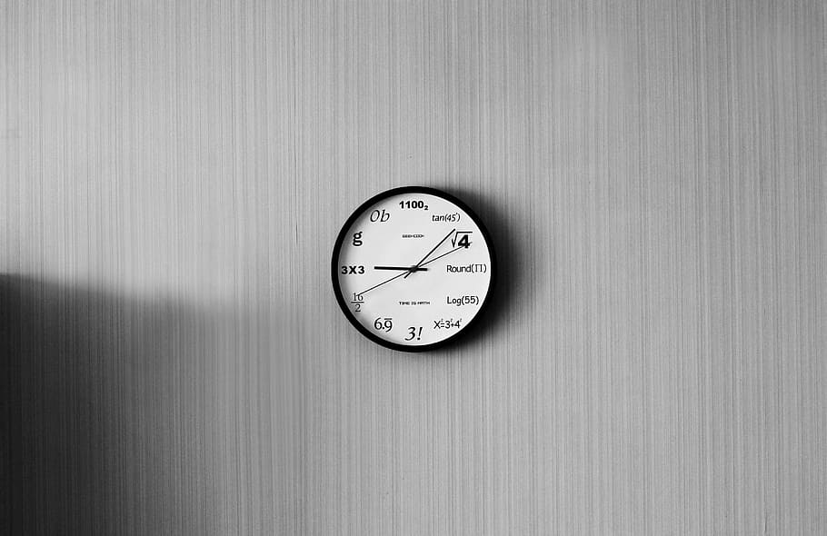 round white and black analog watch reading at 9:10, grayscale photo of wall clock displaying 9:08, HD wallpaper