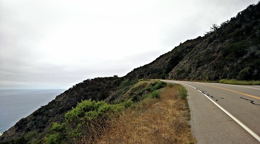coast, grass, landscape, ocean, road, sea, travel, sky, transportation HD wallpaper