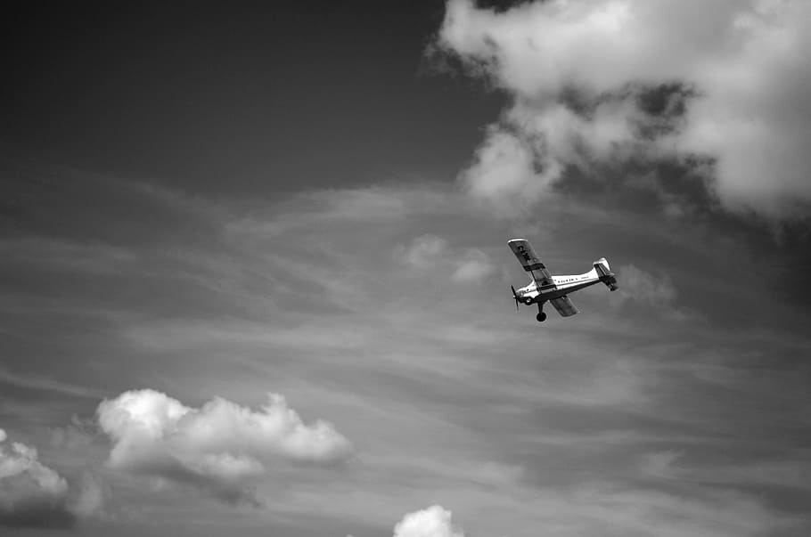 grayscale photography of plane, airplane, flying, sky, clouds HD wallpaper