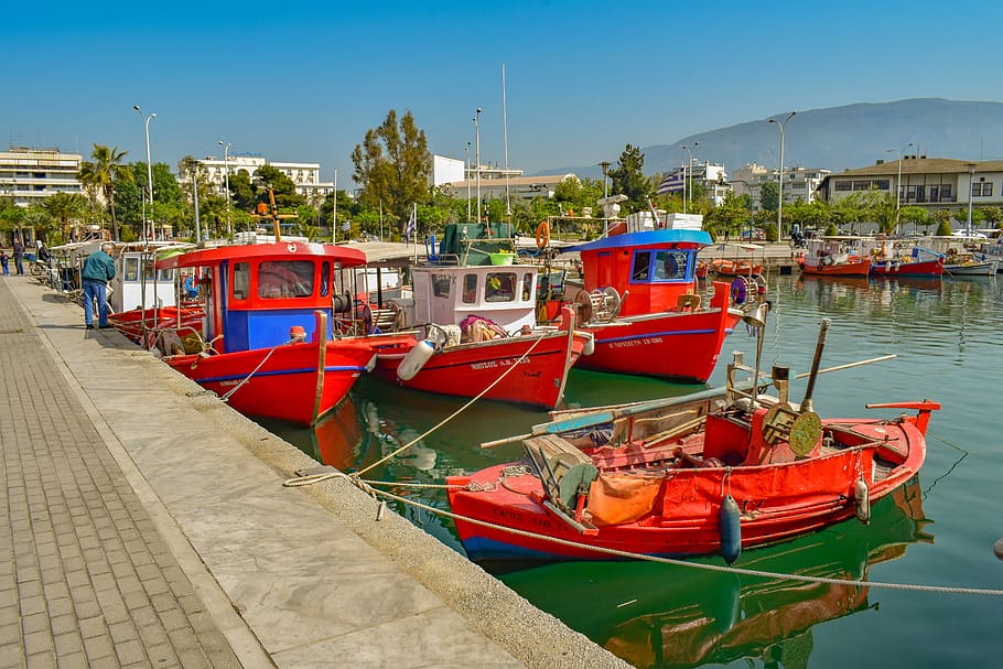 boats, red, port, harbour, sea, dock, town, volos, greece, promenade, HD wallpaper