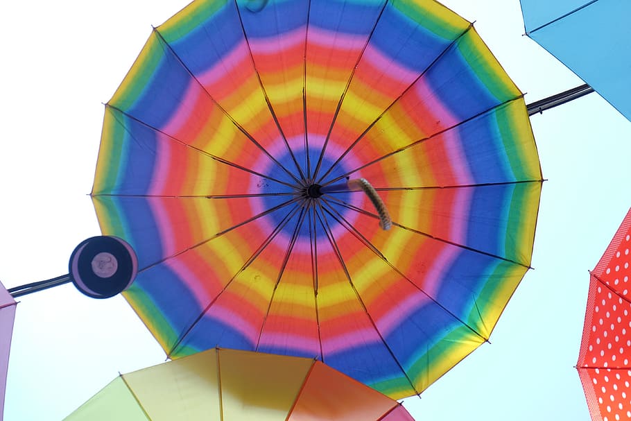 umbrella, rain, multi colored, sky, low angle view, balloon HD wallpaper