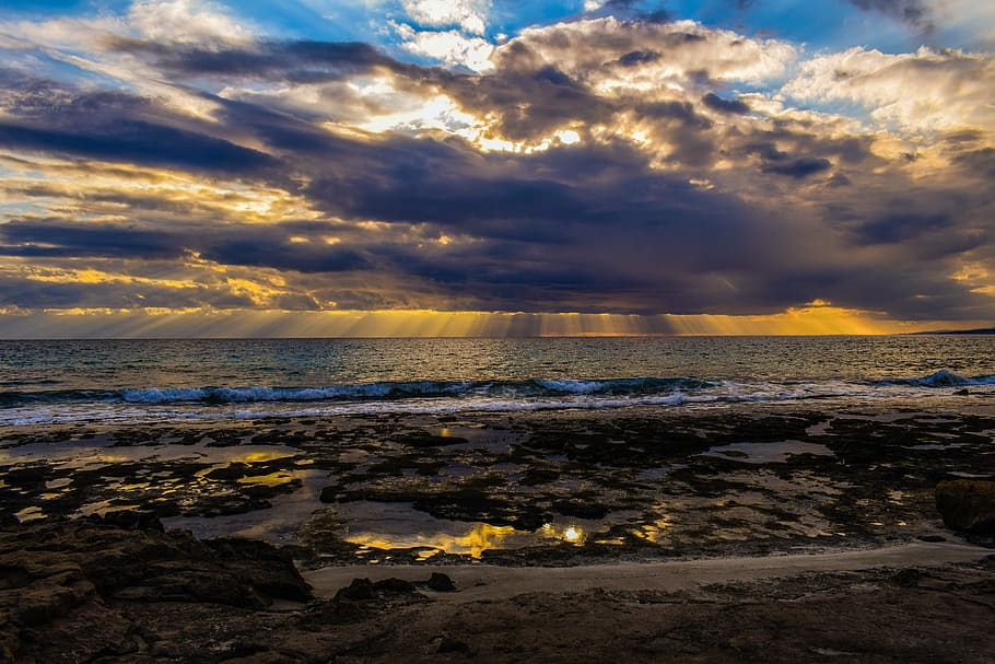 clouds, sunbeam, coast, nature, scenery, coastal, scenic, sunlight HD wallpaper