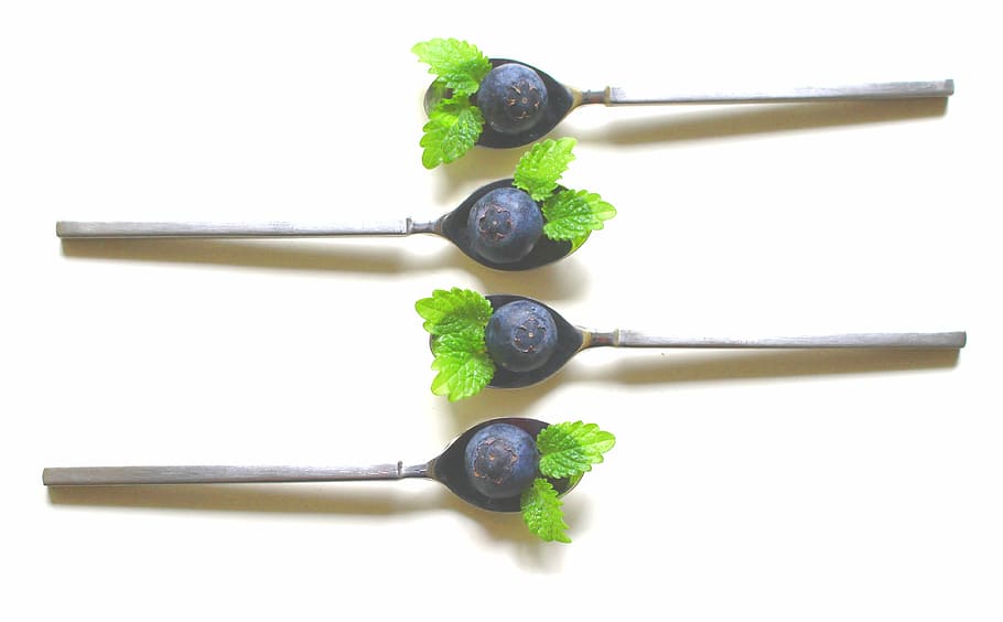 stainless steel spoon with grapes, blueberries, teaspoon, balm HD wallpaper