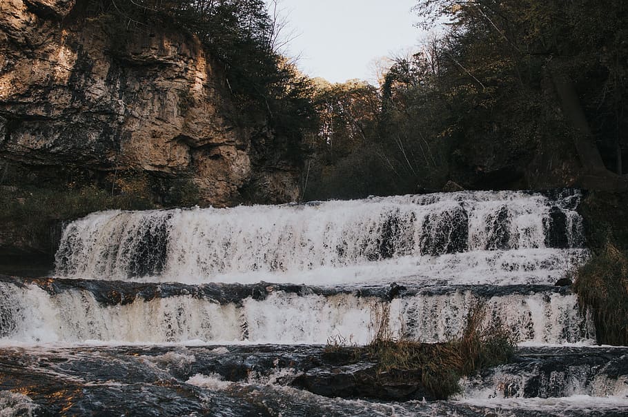 waterfall, flow, nature, rocks, grass, tree, plant, landscape HD wallpaper