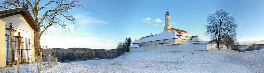 monastery, winter, snow, sky, sunny, nature, blue, cold, baroque HD wallpaper