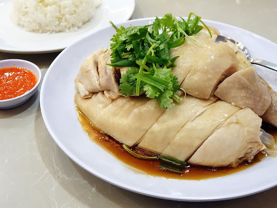 steamed chicken on white ceramic plate, chicken rice, 白斩鸡