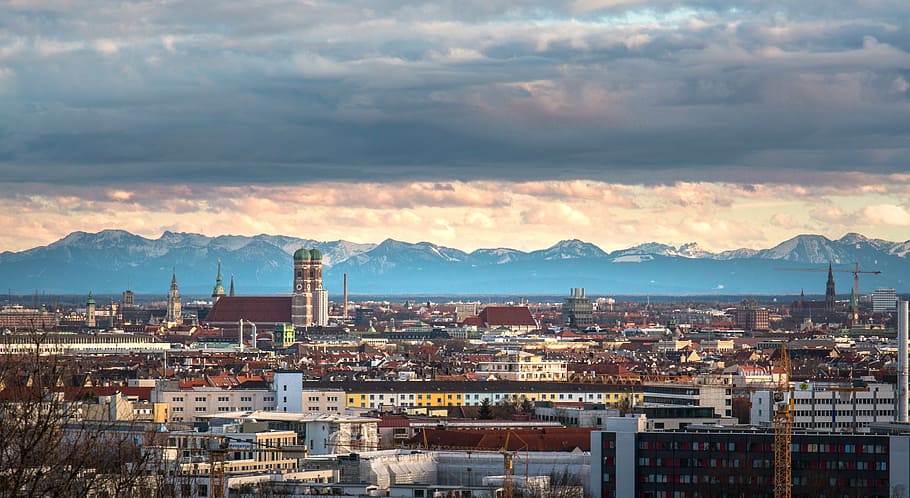 city landscape, munich, olympia mountain, olympic stadium, view, HD wallpaper