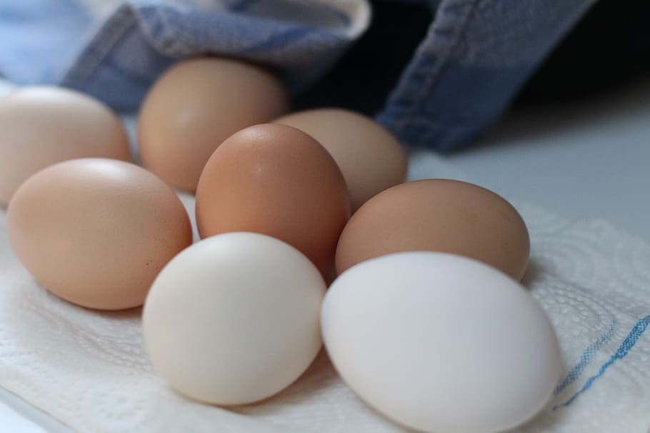 shallow focus photography of white and brown chicken eggs, food