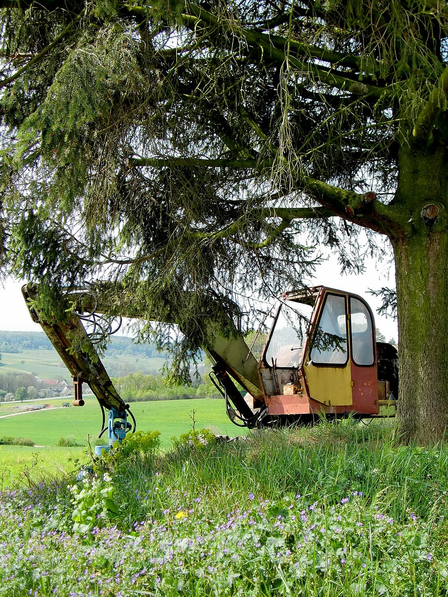 excavators, construction machine, scrap, old, shovel, plant HD wallpaper