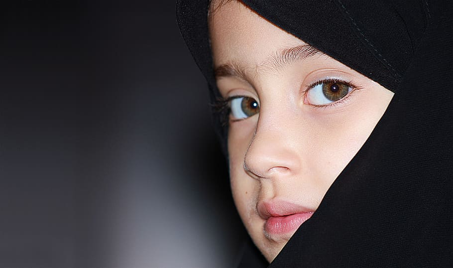 girl wearing black hijab headdress, looking, far, way, face HD wallpaper