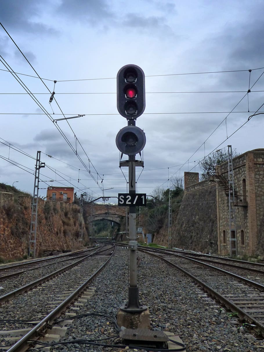 traffic light, red, stop, railway, train, via, track, railroad track HD wallpaper