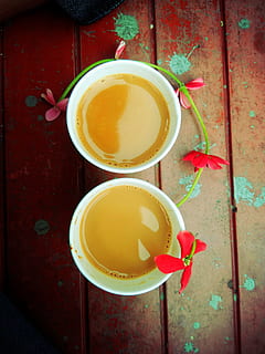tea, break, flower, decoration, chair, wooden, cups, two cups HD wallpaper