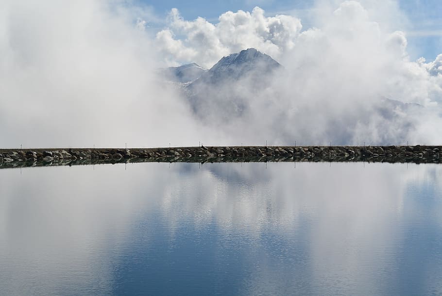 Scuol, Lake, Clouds, Mirroring, landscape, graubünden, sky HD wallpaper