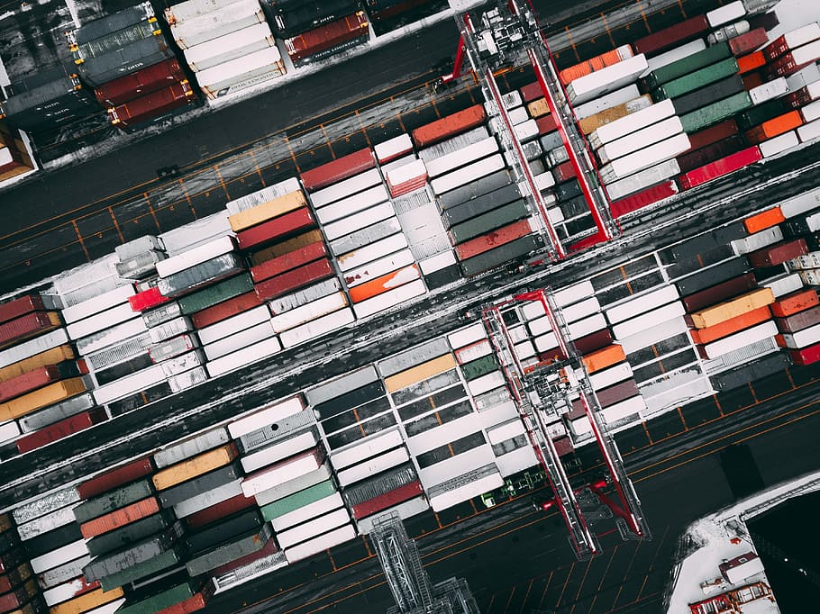 top view of cargo tracks, bird's eye view of intermodal containers HD wallpaper