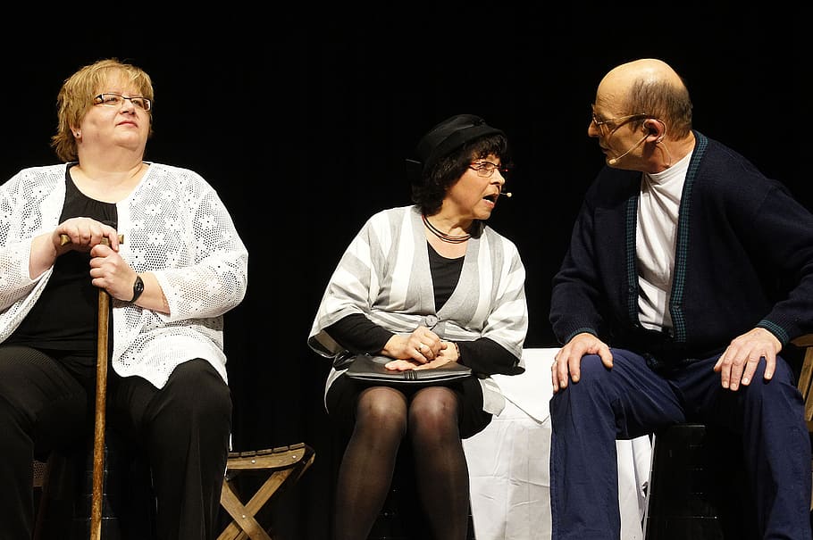 two women and man talking each other, theater, human, scene HD wallpaper