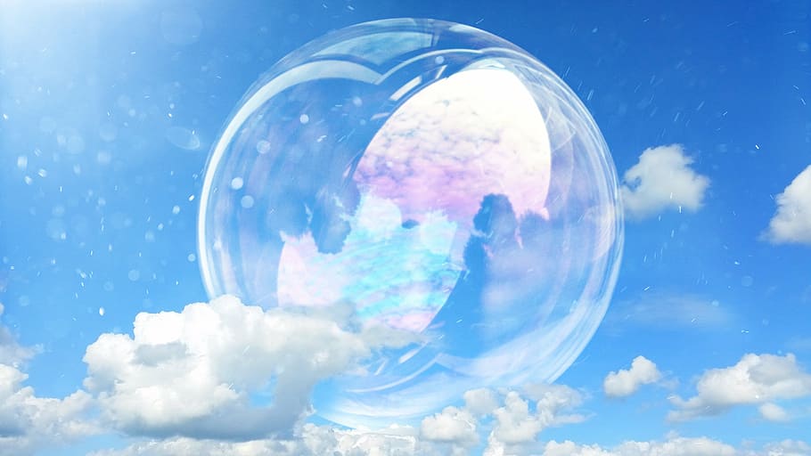 bubble on sky reflecting clouds, blue, blue sky, sky blue, cloudy HD wallpaper