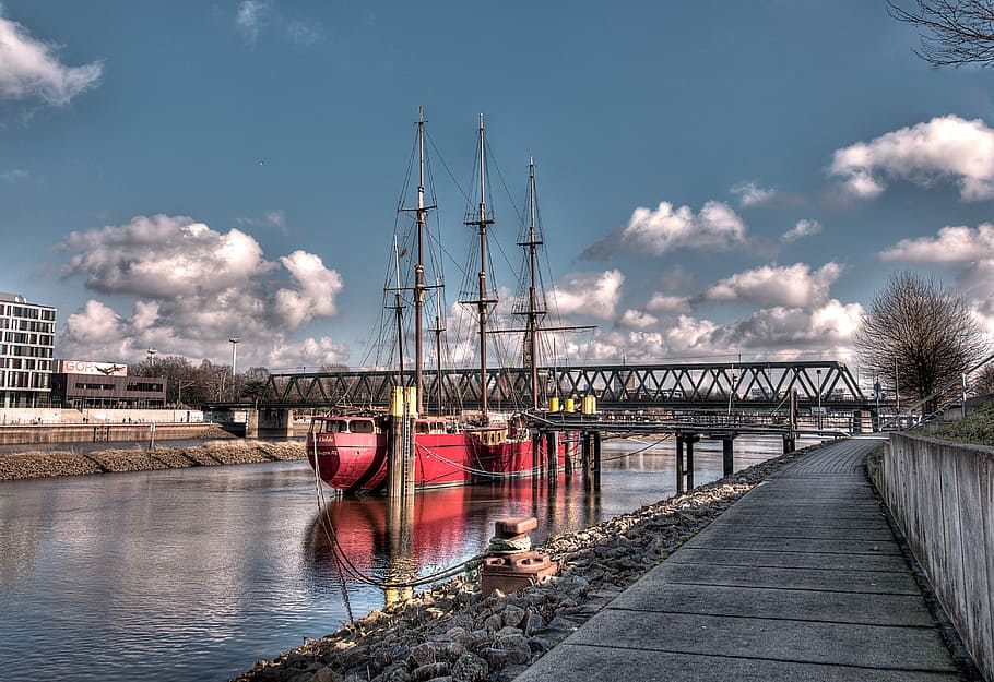 waters, river, bridge, pier, sky, on the water, transportation HD wallpaper