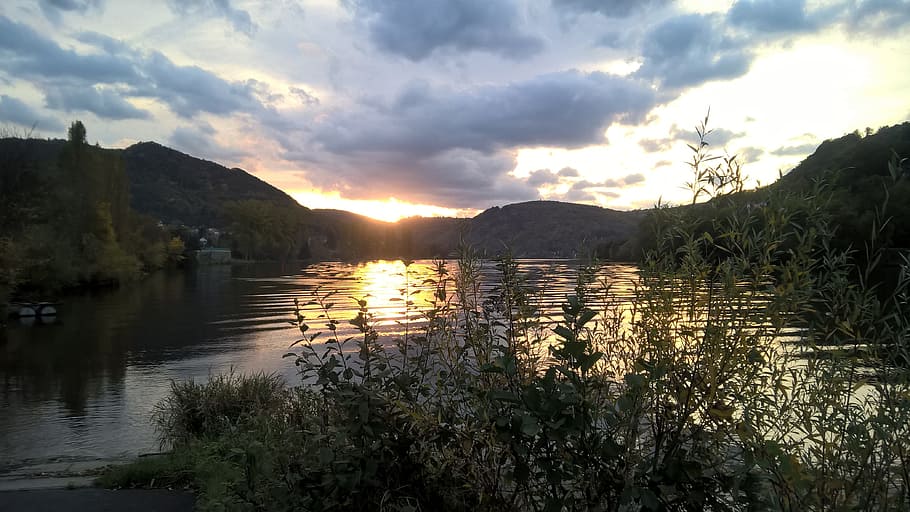 sunset, river, clouds, rest, water, sky, cloud - sky, mountain HD wallpaper