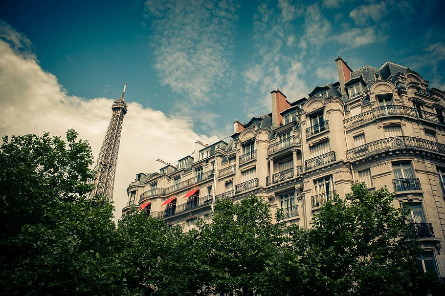 sky, eiffel tower, landmark, clouds, architecture, building, building exterior HD wallpaper
