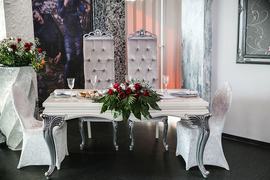 rectangular white dining set, wedding, decoration, interior design HD wallpaper