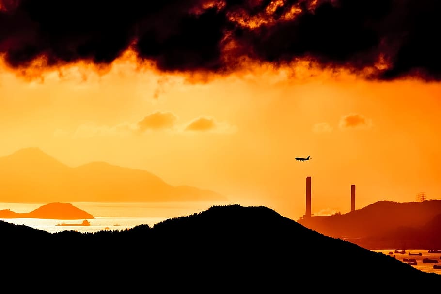 sunset dusk, sky, clouds, mountains, airplane, commercial jet HD wallpaper