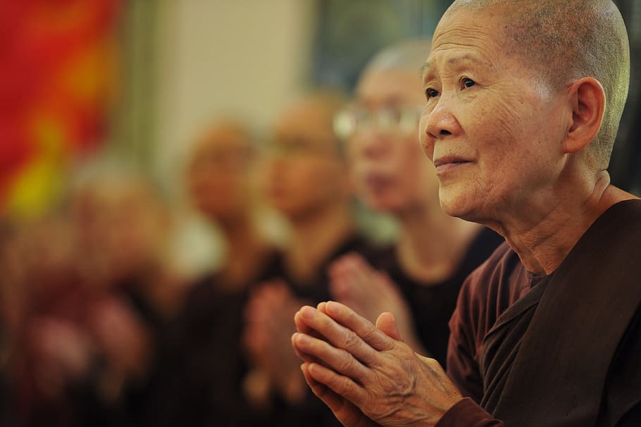 Close-up of a Man, aged, Buddhism, elderly, macro, people, praying HD wallpaper