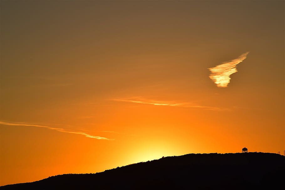 sunset, mountain, cloud, water tower, silhouette, sky, orange HD wallpaper