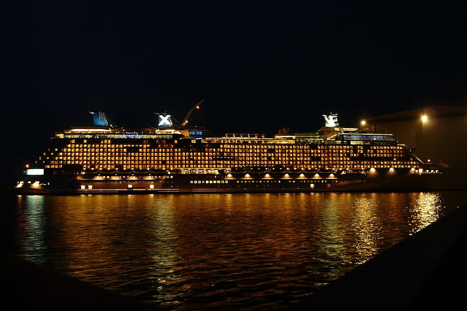 Cruise, Ship, Cruises, night, illuminated, water, reflection HD wallpaper