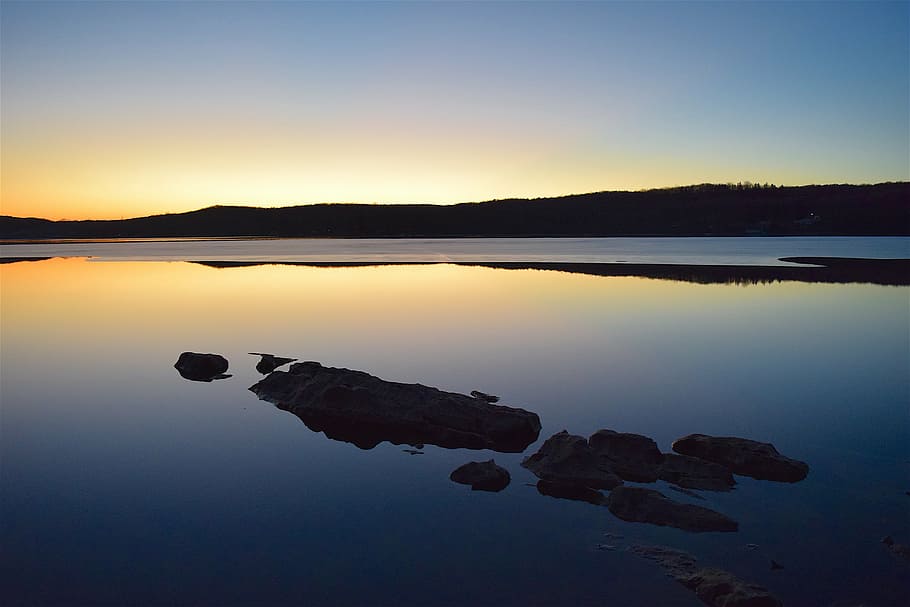 landscape photography of lake and mountain, sunset, still, reflection HD wallpaper